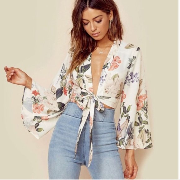 Show Me Your MuMu Tops - Show Me Your Mumu Jordyn Tie Top Tropical Print Bell Sleeves
